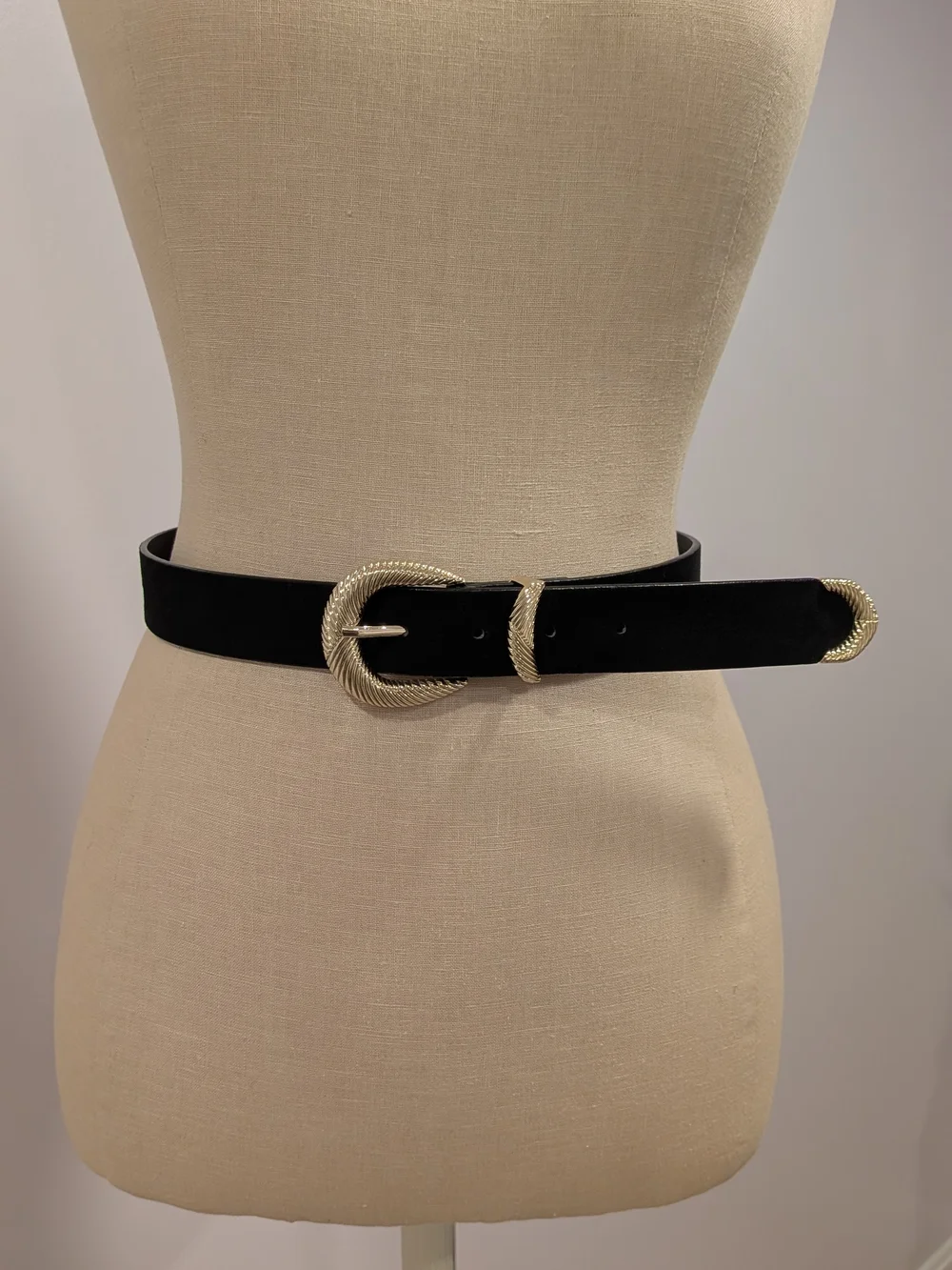 H&M Black Suede Belt with Textured Gold Buckle